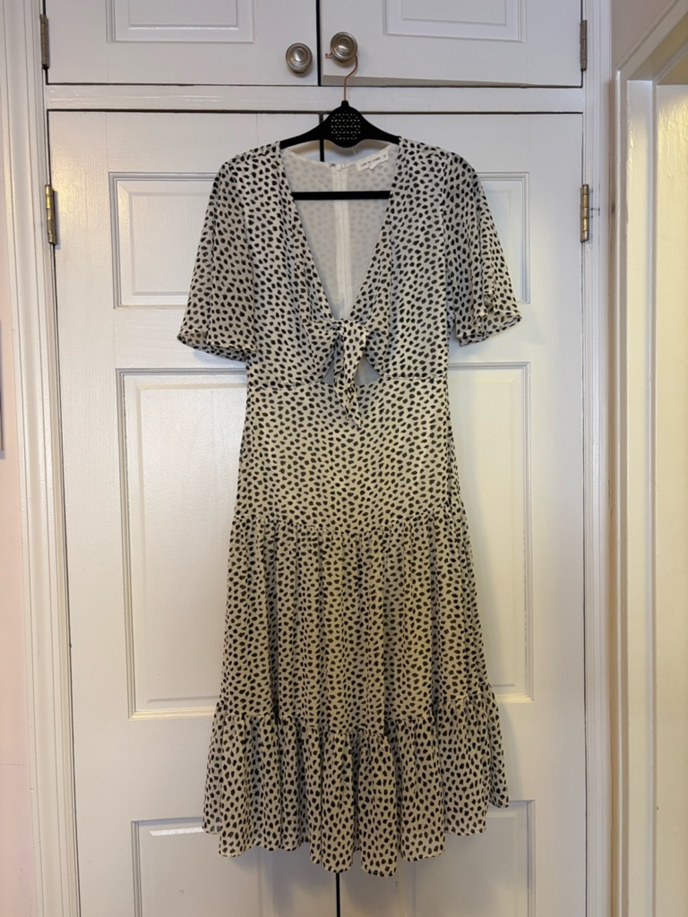 Ivory Midi Dress with Black Dot Print and Front Tie